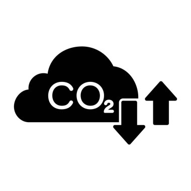 Redüksiyon Sera Sembolü. Hava Glyph Pictogram 'ında karbon dioksit kirliliği. Cloud Emission Gas Siluet Simgesi ile CO2. Atmosfer Kirliliği, İklim Efekti Simgesi. İzole Vektör İllüstrasyonu.