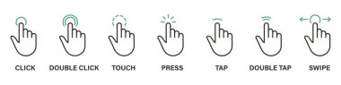 El Parmağı Dokun, Geçir, Tıkla, Bas ve Tap Satır Simgesi Ayarla. Çifte Tıkla ve Tıkla İşareti. Jest Sol ve Sağ Çizgi Simgesi. Düzenlenebilir Vuruş. İzole Vektör İllüstrasyonu.