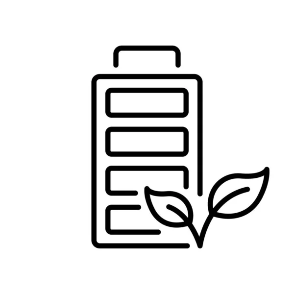エコ充電式グリーンエネルギーリニアピクトグラム 植物概要シンボル付き再生可能エネルギー電池 葉とライトニングラインアイコンを持つアキュムレータ 編集可能なストローク 絶縁ベクトルイラスト — ストックベクタ