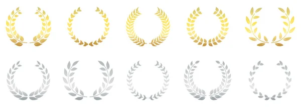 Icono Silueta Oro Plata Chaplet Laurel Corona Premios Conjunto Símbolos — Archivo Imágenes Vectoriales