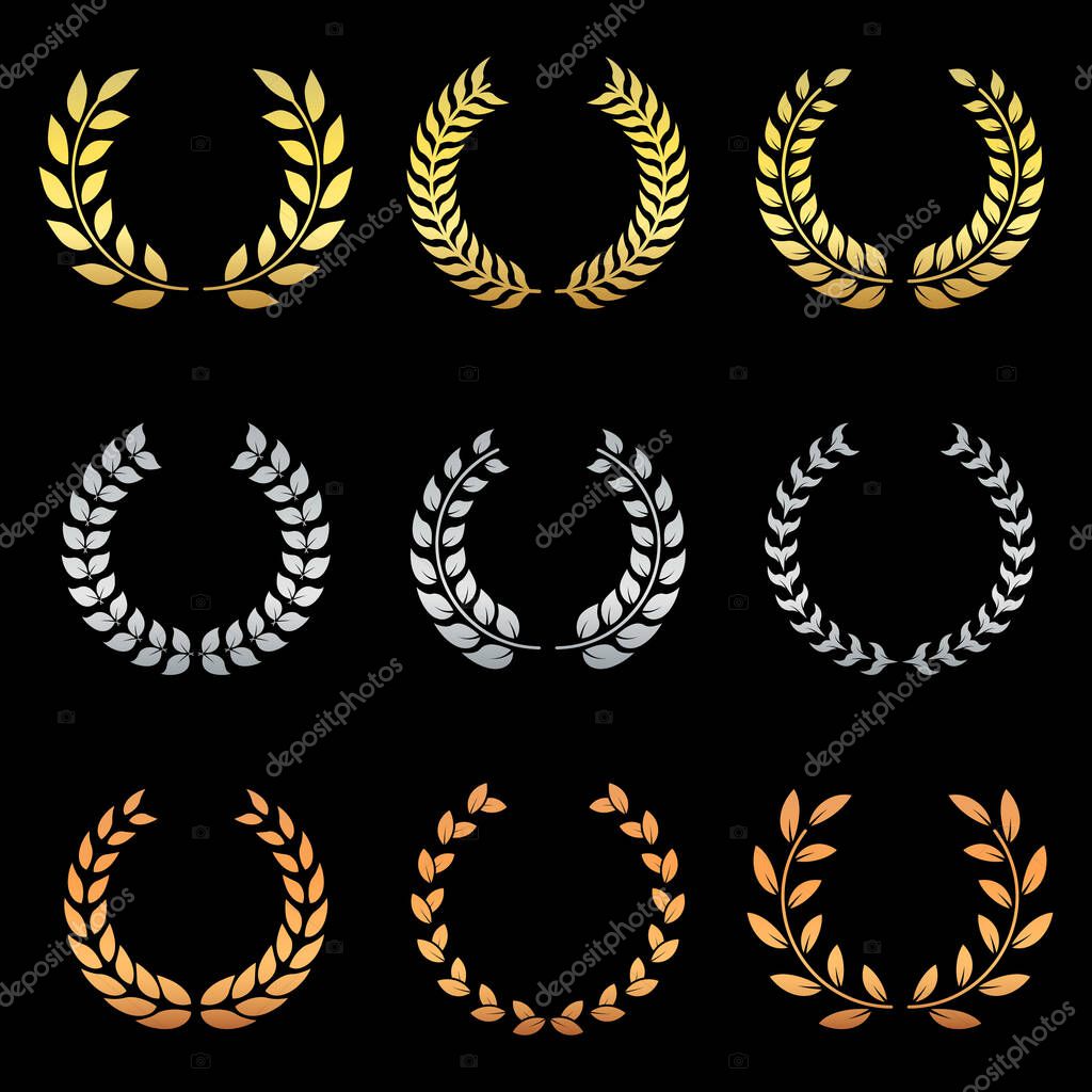 Gold, Silver, and Bronze Laurel Wreath Silhouette Icon Set. Success Chaplet Symbol. Champion Foliate Trophy Pictogram. Olive Leaves Branch Award Round Emblem. Isolated Vector Illustration.