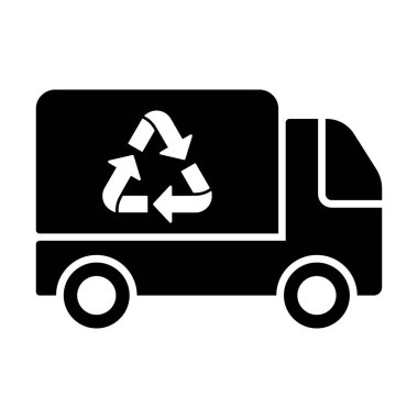 Geri Dönüşüm Sembollü Çöp Kamyonu. Siluet Simgesi. Atık İmha Grafiği için Araç Makinesi Taşımacılığı. Çöp Taşımacılığı Ekoloji Hizmeti Sanayi Sembolü. İzole Vektör İllüstrasyonu.