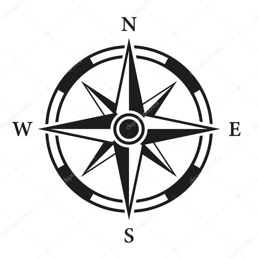 Rose Wind Navigation Retro Equipment Sign. Adventure Direction Arrow to North South West East Orientation Navigator Modern Glyph Pictogram. Compass Map Silhouette Icon. Isolated Vector Illustration.