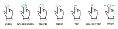 Hand Finger Touch, Swipe, Click, Press and Tap Line Icon Set. Gesture Slide Left and Right Outline Icon. Double Click and Tap Sign. Editable Stroke. Isolated Vector Illustration.  clipart