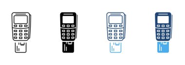Eklenen Kredi Kartı Hattı ve Siluet Simgesi Ayarlı Ödeme Terminali. Banka Servisi Finansal İşlem Pictogramı. Beyaz Arkaplan 'da POS Sembolüne Kart yerleştiriliyor. İzole Vektör İllüstrasyonu.
