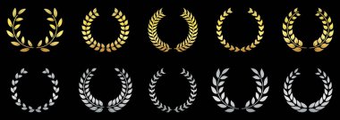 Altın ve Gümüş Chaplet Siluet Simgesi. Laurel Çelenk Ödülü Sembol Kümesi. En iyi şampiyon yuvarlak çiçek piktogramı. Olive Branch Access Amblemi 'nden ayrılıyor. Dairesel ödül. İzole Vektör İllüstrasyonu.