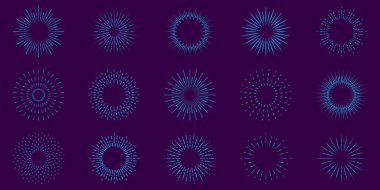 Güneş Işığı Özeti Simgesi. Çember Radyal Işık Vintage Dekorasyonu. Güneş patlaması, Günışığı, Gündoğumu Retro Sembolü. Yıldız patlaması parıltısı. Yıldız Patlaması Koleksiyonu. İzole Vektör İllüstrasyonu.