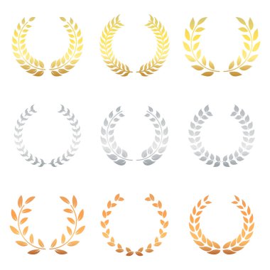 Altın, Gümüş ve Bronz Çelenk Siluet Simgesi Set. Başarı Chaplet Sembolü. Şampiyon Foliate Pictogram. Olive Leaves Branch Ödülü Yuvarlak Amblem. İzole Vektör İllüstrasyonu.