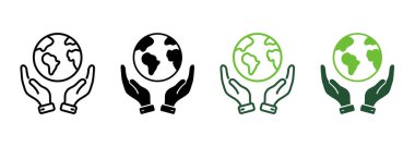 Dünya Çevre Koruma Hattı ve Siluet Simgesi Ayarları. El Tutma Gezegeni Pictogram. Beyaz Arkaplanda İnsan Koruması Çevre Sembol Koleksiyonu. İzole Vektör İllüstrasyonu.