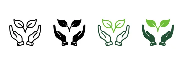 핸드는 Organic Leaf Line Silhouette Icon Set 보유하고 Eco Agriculture — 스톡 벡터