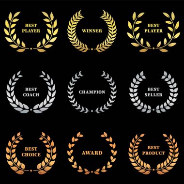 Altın, Gümüş ve Bronz Çelenk Siluet Simgesi Set. Başarı Chaplet Sembolü. Şampiyon Foliate Pictogram. Olive Leaves Branch Ödülü Yuvarlak Amblem. İzole Vektör İllüstrasyonu.