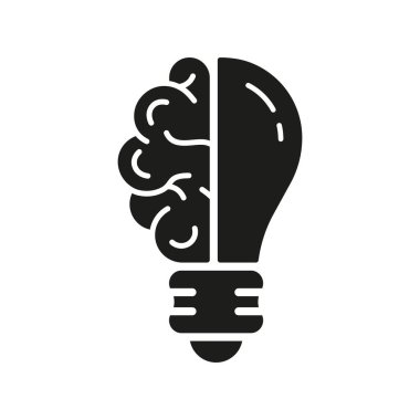 İnsan Beyni ve Ampul Yaratıcı Fikir Silueti Satır Simgesi. Ampul İlham, Bilgi, Akıllı Çözüm Sembolü. Yenilik İşareti. İzole Vektör İllüstrasyonu.