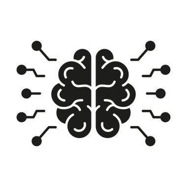 İnsan Beyni ve Ağ Teknolojisi Glyph Pictogram. Yapay Zeka Silüeti Simgesi. Yapay Zeka, İnovasyon Nörobilim Konsepti Simge. İzole Vektör İllüstrasyonu.