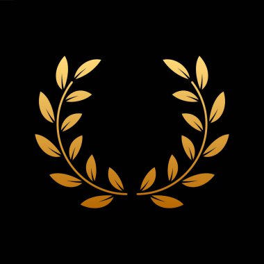 Gold Round Chaplet Reward for Winner Silhouette Icon on Black Background. Golden Laurel Wreath Award. Victory Symbol. Leader Trophy in Olive Leaves Branch Shape. Isolated Vector Illustration.