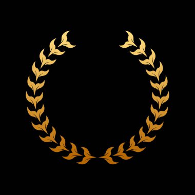 Gold Round Chaplet Reward for Winner Silhouette Icon on Black Background. Golden Laurel Wreath Award. Victory Symbol. Leader Trophy in Olive Leaves Branch Shape. Isolated Vector Illustration.