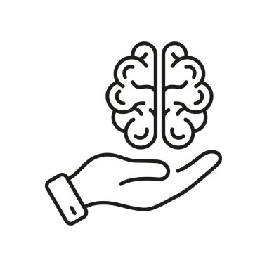 Psychology Concept, Psychiatrist Mental Help Pictogram. Anxiety, Bipolaric, Depression Outline Icon. Human Brain in Top View with Hand Line Icon. Editable Stroke. Isolated Vector Illustration.