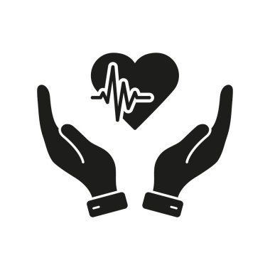 Emergency Help and Diagnosis. Heartbeat with Human Hand Glyph Icon. Heart Beat Rate Frequency Symbol. Cardiogram Icon. Cardiac Treatment Silhouette Pictogram. Isolated Vector Illustration.