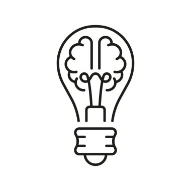Human Brain in Lightbulb Creative Idea Concept Line Icon. Light Bulb Inspiration, Knowledge, Smart Solution Linear Symbol. Innovation Outline Sign. Editable Stroke. Isolated Vector Illustration.