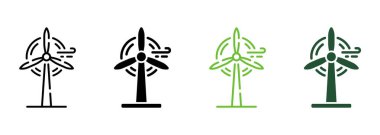 Wind Mill Farm Electric Power Line and Silhouette Icon Color Set. Eco Renewable Energy. Ecology Technology of Generation Energy Symbol Collection on White Background. Isolated Vector Illustration.