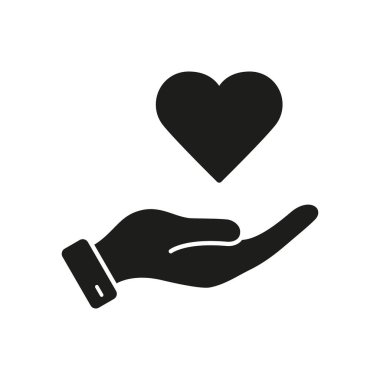 Human Hand and Heart Shape Help and Support Concept Silhouette Icon. Love, Health, Charity, Care Glyph Pictogram. Peace and Friendship Symbol. Isolated Vector Illustration.