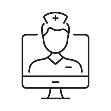 Video Online Medical Service Line Icon. Remote Virtual Doctor Man Linear Pictogram. Telemedicine Healthcare Outline Symbol. Physician Consultation. Editable Stroke. Isolated Vector Illustration.