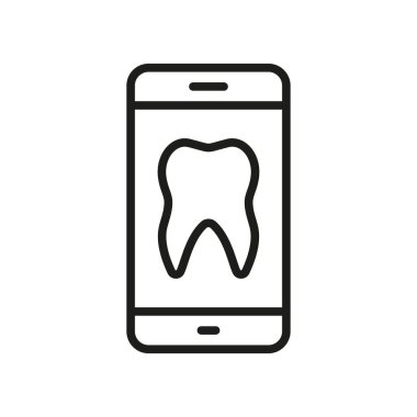 Online Dentist Help in Smartphone Line Icon. Dentistry Medicine in Mobile Phone Linear Pictogram. Tooth Health Diagnosis, Dental Care Outline Symbol. Editable Stroke. Isolated Vector Illustration.