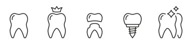 Dental Implant Line Icon Set. Denture Technology. Dental Implantation Treatment. Tooth Care, Veneer Restoration Pictogram. Dentistry Outline Symbol. Editable Stroke. Isolated Vector Illustration.