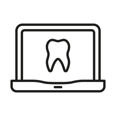 Online Dentistry Line Icon. Dental Care Virtual Consultation Linear Pictogram. Remote Dentist Help Outline Symbol. Tooth Health Diagnosis in Laptop Sign. Editable Stroke. Isolated Vector Illustration.