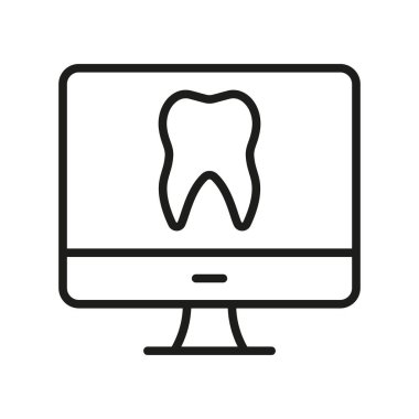 Online Dentistry Line Icon. Remote Dentist Help Linear Pictogram. Tooth Health Diagnosis in Computer Outline Symbol. Dental Care Virtual Consultation. Editable Stroke. Isolated Vector Illustration.