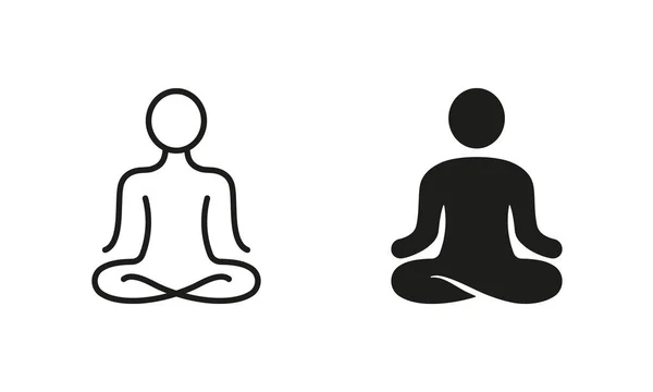 Yoga Konumu Silueti ve Satır Simgesi Ayarlandı. Meditasyon yap, rahatla Pictogram. Ruhani Çakra Zen Simgesi. Sakin Aura Galaksi Huzuru ve Sağlık Kurumu. Düzenlenebilir Vuruş. İzole Vektör İllüstrasyonu.