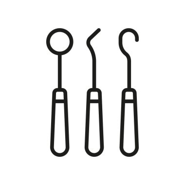 Dental Instruments Line Icon. Dentists Tools for Tooth Medical Care Linear Pictogram. Dentistry Professional Equipment Outline Symbol. Stomatology Sign. Editable Stroke. Isolated Vector Illustration.