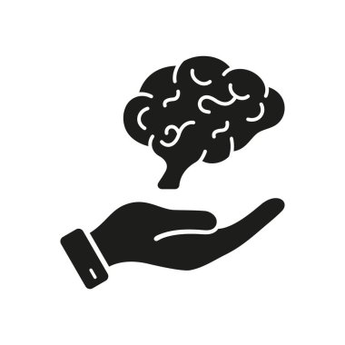 Brainstorm Concept. Human Brain in Side View with Hand Silhouette Icon. Neurology, Psychology Pictogram. Education, Logic, Knowledge, Memory, Mind Concept Glyph Icon. Isolated Vector Illustration.