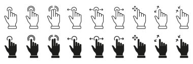 Computer Cursor, Pointer Icon Set. Hand with Finger Digital Mouse Click Line and Silhouette Sign. Website and App Interface, Press, Tap, Link, Choice Button Symbol. Isolated Vector Illustration.