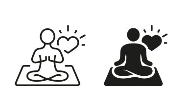Mantra Yoga Silhouette and Line Icon Set. Meditate and Relax Pictogram. Spiritual Chakra Zen Icon. Calm Aura Galaxy Serenity and Health Body Symbol. Editable Stroke. Isolated Vector Illustration.