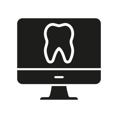 Remote Dentist Help in Computer Glyph Pictogram. Online Dentistry Silhouette Icon. Tooth Health Diagnosis Symbol. Virtual Consultation for Dental Care. Medical Exam. Isolated Vector Illustration.