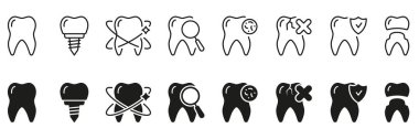 Dental Diagnostic Silhouette and Line Icon Set. Tooth Medical Care Linear and Glyph Pictogram Collection. Dentistry Symbol. Dental Treatment Sign. Editable Stroke. Isolated Vector Illustration.
