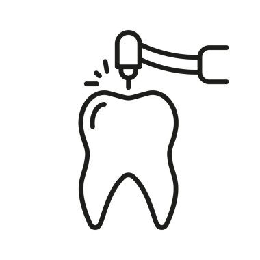 Drilling Tooth Line Icon. Root Canal Treatment Linear Pictogram. Drill Teeth, Endodontics Procedure. Dentistry Outline Symbol. Dental Therapy Sign. Editable Stroke. Isolated Vector Illustration.