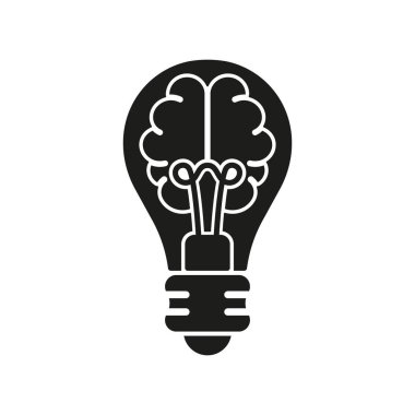 Human Brain and Lightbulb Creative Idea Silhouette Line Icon. Innovation Sign. Light Bulb Inspiration, Knowledge, Smart Solution Glyph Symbol. Isolated Vector Illustration.