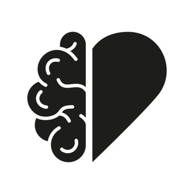 Mental Emotional Health Glyph Pictogram. Healthy Rational Balance Between Heart Love and Brain Icon. Human Brain and Heart Silhouette Icon. Isolated Vector Illustration.