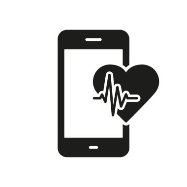 Application for Heart Pulse Control Silhouette Icon. Mobile Phone App for Sport Pictogram. Heartbeat Rate in Digital Smart Phone Glyph Icon. Fitness App in Smartphone. Isolated Vector Illustration.