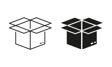 Open Cardboard Box for Shipping Silhouette and Line Icon Set. Opened Carton Package Storage Pack Pictogram. Delivery Parcel Box Black Sign. Editable Stroke. Isolated Vector Illustration.