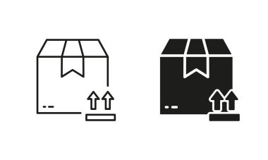 Parcel Box This Side Up Symbol Silhouette and Line Icon Set. Cardboard with Arrow Up Pictogram. Delivery Service Carton Care Packaging Direction Sign. Editable Stroke. Isolated Vector Illustration.