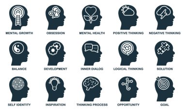 Mental Health Silhouette Icon Set. Psychology Therapy, Emotional Support Glyph Pictogram. Personality Development Solid Sign. Inspiration, Intellectual Process Symbol. Isolated Vector Illustration.