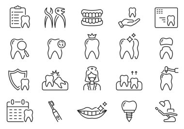 Tooth Medical Care Line Icon Set. Human Denture, Veneer, Teeth Crown Linear Pictogram. Dental Diagnostic. Dentistry Outline Symbol. Dental Treatment. Editable Stroke. Isolated Vector Illustration.
