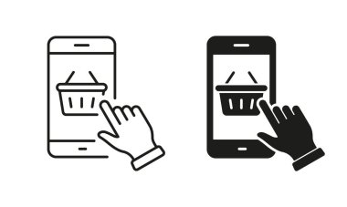 Online Shop in Mobile App Silhouette and Line Icon Set. Basket and Cellphone Pictogram. Smartphone and Shopping Cart Icon. Digital Shop in Smart Phone. Editable Stroke. Isolated Vector Illustration.