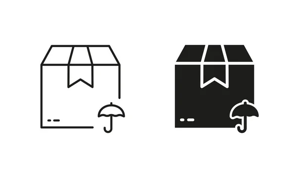 Package Cardboard Umbrella Care Delivery Silhouette Line Icon Set Protect — 스톡 벡터