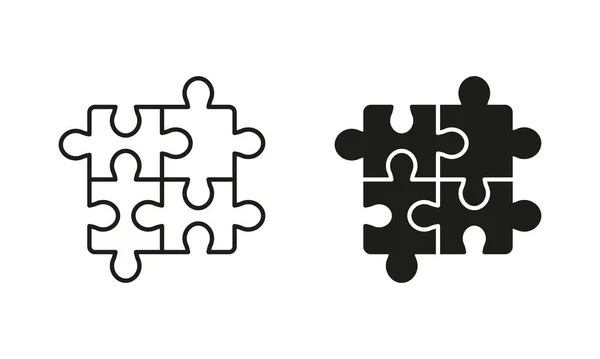 Puzzle Solve Problem Silhouette Line Icon Set White Background Teamwork — Stock Vector