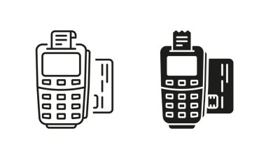 POS Bağlantısız Aktarım Pictogram seti. Beyaz Arkaplanda Kablosuz Para Ödeme Sembol Koleksiyonu. Ödeme Terminali ve Kredi Kartı Hattı ve Siluet Simgesi. İzole Vektör İllüstrasyonu.