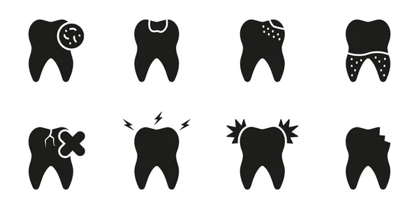 牙齿和体操医学问题轮廓图标集 牙齿疾病的符号 蛀牙象形文字 牙科治疗固体标志 孤立的病媒图解 — 图库矢量图片