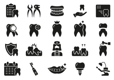 İnsan Takma Diş, Venedik, Diş Tacı Siluet Simgesi Seti. Dişçi teşhisi. Diş Hekimliği Piktogramı. Ağız temizliği. Diş tedavisi işareti var. Dişçi Sembolü. İzole Vektör İllüstrasyonu.